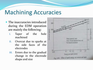 Machining Accuracies
 The inaccuracies introduced
during the EDM operation
are mainly the following:
I. Taper of the hole
machined
II. Overcut due to sparks at
the side faces of the
electrodes
III. Errors due to the gradual
change in the electrode
shape and size
 