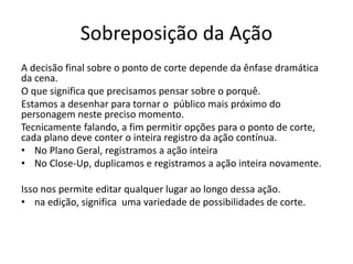 Sobreposição da Ação
A decisão final sobre o ponto de corte depende da ênfase dramática
da cena.
O que significa que precisamos pensar sobre o porquê.
Estamos a desenhar para tornar o público mais próximo do
personagem neste preciso momento.
Tecnicamente falando, a fim permitir opções para o ponto de corte,
cada plano deve conter o inteira registro da ação contínua.
• No Plano Geral, registramos a ação inteira
• No Close-Up, duplicamos e registramos a ação inteira novamente.
Isso nos permite editar qualquer lugar ao longo dessa ação.
• na edição, significa uma variedade de possibilidades de corte.
 