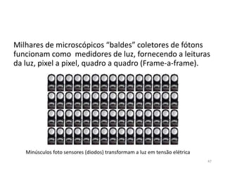 Milhares de microscópicos “baldes” coletores de fótons
funcionam como medidores de luz, fornecendo a leituras
da luz, pixel a pixel, quadro a quadro (Frame-a-frame).
Minúsculos foto sensores (diodos) transformam a luz em tensão elétrica
47
 