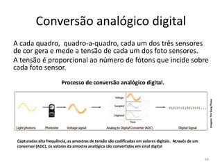 Conversão analógico digital
A cada quadro, quadro-a-quadro, cada um dos três sensores
de cor gera e mede a tensão de cada um dos foto sensores.
A tensão é proporcional ao número de fótons que incide sobre
cada foto sensor.
Processo de conversão analógico digital.
Imagem:TimKangThose
Capturadas alta frequência, as amostras de tensão são codificadas em valores digitais. Através de um
conversor (ADC), os valores da amostra analógica são convertidos em sinal digital
48
 