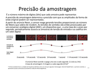 Precisão da amostragem
É o número máximo de dígitos (bits) que cada amostra pode representar.
A precisão de amostragem determina a precisão com que as amplitudes da forma de
onda original podem ser representadas.
A partir do anúncio Neon, o sensor reage gerando tensões proporcionais ao número
de fótons que sobre ele incidem. As tensões de sentidos são então processados por
um conversor analógico-digital (ADC), um dispositivo que , a uma taxa de x vezes por
segundo, periodicamente associa as amostras de tensão de entrada e as codifica em
um valor digital.
Luminância -
Intensidade
do Brilho
Variação de
Voltagem do
Sensor
Valor Digital
(8-bit)
O anúncio Neon acende e apaga uma vez a cada segundo (1 ciclo ou 1Hz)
A taxa de amostragem: 4 imagens a cada segundo (4 Hz)*
* O hertz (símbolo Hz) é a unidade de frequência definida como um ciclo por segundo. Homenageia Heinrich Rudolf Hertz- o primeiro cientista a
apresentar provas conclusivas da existência ondas de eletromagnéticas. 62
 