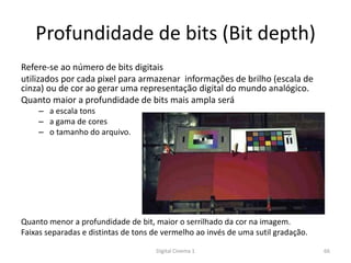 Profundidade de bits (Bit depth)
Refere-se ao número de bits digitais
utilizados por cada pixel para armazenar informações de brilho (escala de
cinza) ou de cor ao gerar uma representação digital do mundo analógico.
Quanto maior a profundidade de bits mais ampla será
– a escala tons
– a gama de cores
– o tamanho do arquivo.
Quanto menor a profundidade de bit, maior o serrilhado da cor na imagem.
Faixas separadas e distintas de tons de vermelho ao invés de uma sutil gradação.
66Digital Cinema 1
 