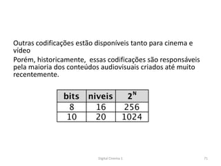 Outras codificações estão disponíveis tanto para cinema e
vídeo
Porém, historicamente, essas codificações são responsáveis
pela maioria dos conteúdos audiovisuais criados até muito
recentemente.
71Digital Cinema 1
 