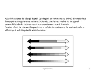 Quantos valores de código digital (gradações de luminância / brilho) distintas deve
haver para assegurar que a quantização não jamais seja visível na imagem?
A sensibilidade do sistema visual humano de contraste é limitada.
Se dois níveis de cinza estão próximos o suficiente em termos de luminosidade, a
diferença é indistinguível à visão humana.
79Digital Cinema 1
 