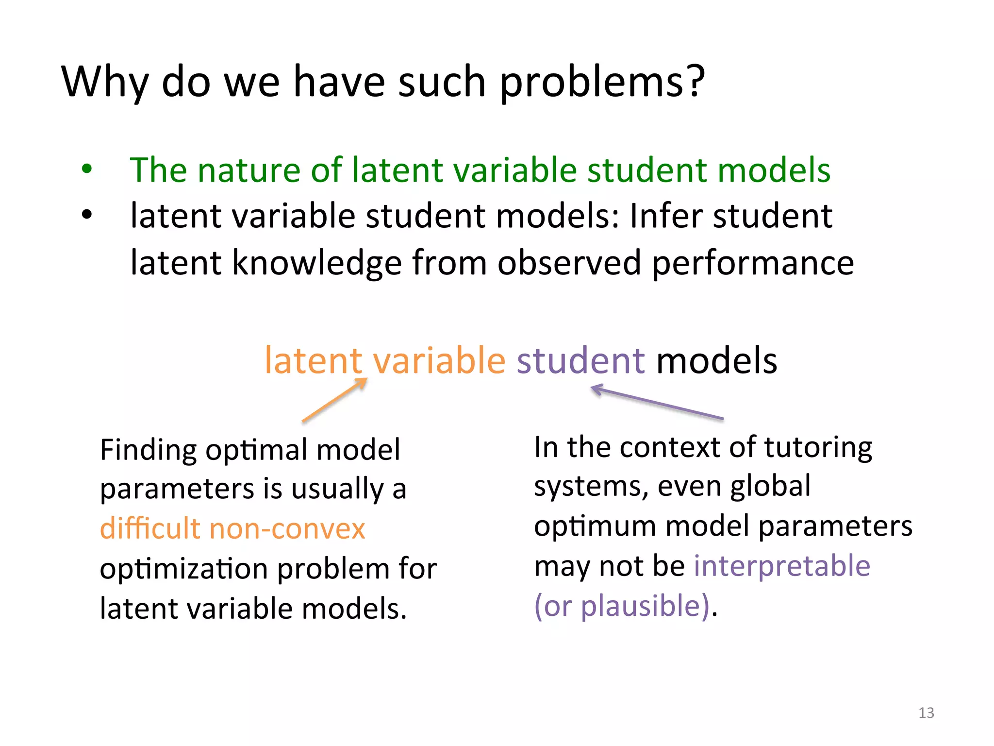 Why	
  do	
  we	
  have	
  such	
  problems?	
  	
  
13	
  
•  The	
  nature	
  of	
  latent	
  variable	
  student	
  models	
  
•  latent	
  variable	
  student	
  models:	
  Infer	
  student	
  
latent	
  knowledge	
  from	
  observed	
  performance	
  	
  
latent	
  variable	
  student	
  models	
  
Finding	
  opImal	
  model	
  
parameters	
  is	
  usually	
  a	
  
diﬃcult	
  non-­‐convex	
  
opImizaIon	
  problem	
  for	
  
latent	
  variable	
  models.	
  
In	
  the	
  context	
  of	
  tutoring	
  
systems,	
  even	
  global	
  
opImum	
  model	
  parameters	
  
may	
  not	
  be	
  interpretable	
  
(or	
  plausible).	
  	
  
 