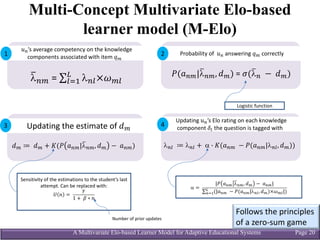 A Multivariate Elo-based Learner Model for Adaptive Educational Systems Page 20
Multi-Concept Multivariate Elo-based
learner model (M-Elo)
%&’s	average	competency	on	the	knowledge	
components	associated	with	item	./
1
lK&/ =	∑ l&*×1/*
(
*M2
;(7&/|lK&/, :/) =	@(lK& 	−	:/)
:/ ≔	:/ + D(; 7&/|lK&/, :/ −	7&/)
Probability	of		%& answering	./ correctly
Logistic	function
Updating	the	estimate	of	:/
l&* 	≔ l&* + 	a N D(7&/ 	− ;(7&/|l&*, :/))
Updating	%&’s	Elo rating	on	each	knowledge	
component	)* the	question	is	tagged	with
Sensitivity	of	the	estimations	to	the	student’s	last	
attempt.	Can	be	replaced	with:
! E =	
G
1 + 	I ∗ E
a =	
|; 7&/ lK&/, :/ −	7&/|
∑ (|7&/ 	− ;(7&/|l&*, :/)×1/*|)(
&M2
2
3 4
Number	of	prior	updates
Follows	the	principles	
of	a	zero-sum	game
 