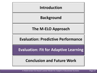A Multivariate Elo-based Learner Model for Adaptive Educational Systems Page 27
Background
The	M-ELO Approach
Conclusion	and	Future	Work
Introduction
Evaluation:	Predictive	Performance
Evaluation:	Fit	for	Adaptive	Learning
 