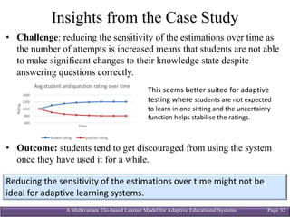 A Multivariate Elo-based Learner Model for Adaptive Educational Systems Page 32
Insights from the Case Study
• Challenge: reducing the sensitivity of the estimations over time as
the number of attempts is increased means that students are not able
to make significant changes to their knowledge state despite
answering questions correctly.
• Outcome: students tend to get discouraged from using the system
once they have used it for a while.
Reducing	the	sensitivity	of	the	estimations	over	time	might	not	be	
ideal	for	adaptive	learning	systems.
600
800
1000
1200
1400
Rating
Time
Avg	student	and	question	rating	over	time
Student	rating question	rating
This	seems	better	suited	for	adaptive	
testing	where	students	are	not	expected	
to	learn	in	one	sitting	and	the	uncertainty	
function	helps	stabilise the	ratings.
 
