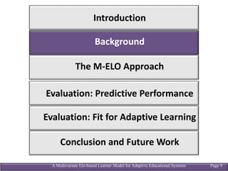 A Multivariate Elo-based Learner Model for Adaptive Educational Systems Page 9
The	M-ELO Approach
Evaluation:	Predictive	Performance
Conclusion	and	Future	Work
Introduction
Evaluation:	Fit	for	Adaptive	Learning
Background
 