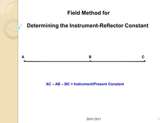 Field Method for

    Determining the Instrument-Reflector Constant




A                                 B                     C




           AC – AB – BC = Instrument/Present Constant




                                20/01/2013                  11
 