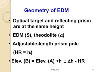Geometry of EDM
• Optical target and reflecting prism
  are at the same height
• EDM (S), theodolite ()
• Adjustable-length prism pole
  (HR = hi)
• Elev. (B) = Elev. (A) +hi  h - HR
                    20/01/2013          13
 