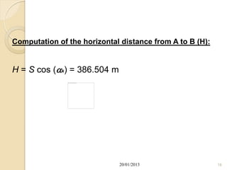 Computation of the horizontal distance from A to B (H):


H = S cos (k) = 386.504 m




                             20/01/2013                   18
 