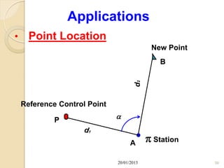 Applications
•     Point Location
                                            New Point
                                               B




                                      d2
    Reference Control Point

             P                


                                    A       Station
                              20/01/2013                39
 