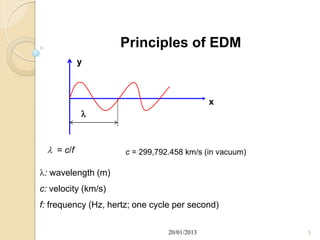 Principles of EDM
            y



                                              x
            



   = c/f             c = 299,792.458 km/s (in vacuum)

: wavelength (m)
c: velocity (km/s)
f: frequency (Hz, hertz; one cycle per second)


                                 20/01/2013              5
 