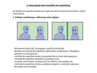 A FINALIDADE DAS DIVISÕES DE SUPERFÍCIE
As divisões de superfície podem ser usadas de várias maneiras para ajudar a contar
uma história:
No primeiro plano não há qualquer superfície de divisão.
Quando uma divisão de superfície é adicionada, o espectador é obrigado a
comparar as duas pessoas.
A divisão de superfície mudou uma grande tela em duas telas pequenas.
A divisão de superfície real pode ser qualquer coisa:
um poste, uma árvore, na esquina de um edifício, uma sombra, etc.
A divisão da superfície solicita ao público comparar e contrastar cada área
do quadro assim dividida.
1. Enfatizar semelhanças e diferenças entre objetos.
 