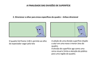 A FINALIDADE DAS DIVISÕES DE SUPERFÍCIE
O quadro full frame 2.40:1 permite ao olho
do espectador vagar pela tela
2. Direcionar o olhar para áreas específicas do quadro – ênfase direcional
A adição de uma divisão superfície dispõe
o ator em uma nova e menor área do
quadro.
A divisão de superfície age como uma
cerca visual e limita a atenção do público
para uma região do quadro.
 