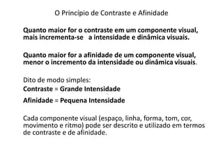 O Princípio de Contraste e Afinidade
Quanto maior for o contraste em um componente visual,
mais incrementa-se a intensidade e dinâmica visuais.
Quanto maior for a afinidade de um componente visual,
menor o incremento da intensidade ou dinâmica visuais.
Dito de modo simples:
Contraste = Grande Intensidade
•
Afinidade = Pequena Intensidade
Cada componente visual (espaço, linha, forma, tom, cor,
movimento e ritmo) pode ser descrito e utilizado em termos
de contraste e de afinidade.
 