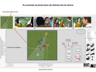 Os comandos da planta baixa são distintos dos da câmera
Planta Baixa (Blue Print)
Todos
objetos
Zoom area
selecionada
Zoom objetos
selecionados
Controles de Câmera
Controles de Objetos
 