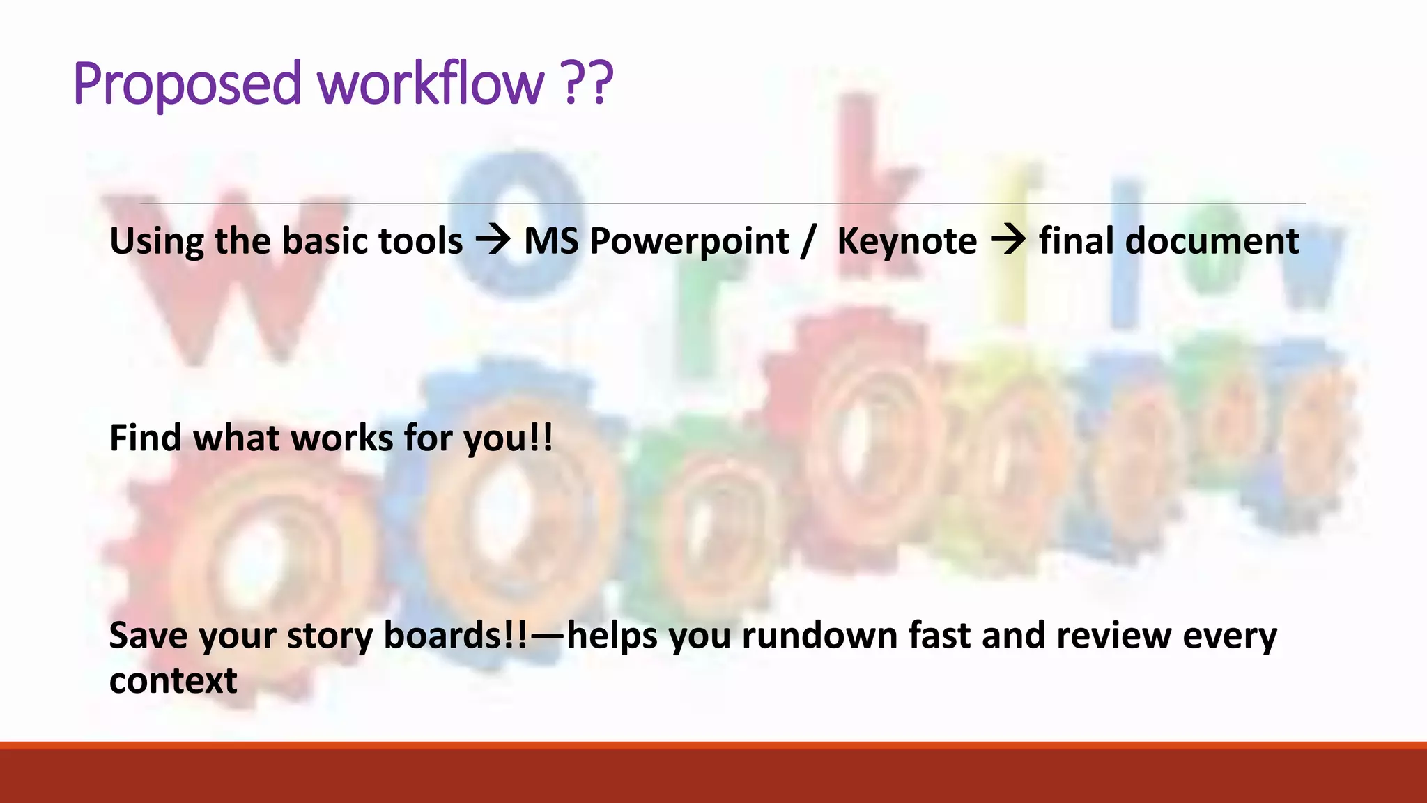 Proposed workflow ??
Using the basic tools  MS Powerpoint / Keynote  final document
Find what works for you!!
Save your story boards!!—helps you rundown fast and review every
context
 
