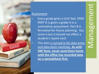 Assessment
• Every grade gives a Unit Test. ONLY
PART A is given a grade-it is a
summative assessment. Part B is
formative for future planning. You
score it but it should not effect a
student’s report card.
• This data is turned in for data entry
and data team meetings. As with
HM Tests, never send them home
until the office has recorded data
on a spreadsheet first.
Management
 