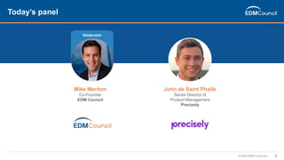 3
© 2023 EDM Council Inc.
Today’s panel
John de Saint Phalle
Senior Director of
Product Management
Precisely
Moderator
Mike Meriton
Co-Founder
EDM Council
 