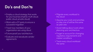 32
Do’s and Don’ts
• Employ a cloud strategy that works
for your business (hybrid, multi-cloud,
public cloud, private cloud)
• Work with a 3rd party to ensure a
successful migration
• Track how members of your
organization are using cloud
• Future-proof your architecture
• Evaluate and reevaluate vendor
agreements
• Migrate every workload to
the cloud
• Assume your costs and priorities
on day one of will be the same
as year one
• Avoid talking about costs when
planning your architecture
• Forget to account for changing
regulatory requirements and
market conditions
• Treat every cloud workload
the same
 