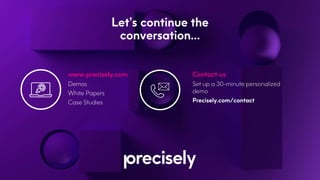 Let’s continue the
conversation…
Contact us
Set up a 30-minute personalized
demo
Precisely.com/contact
www.precisely.com
Demos
White Papers
Case Studies
 