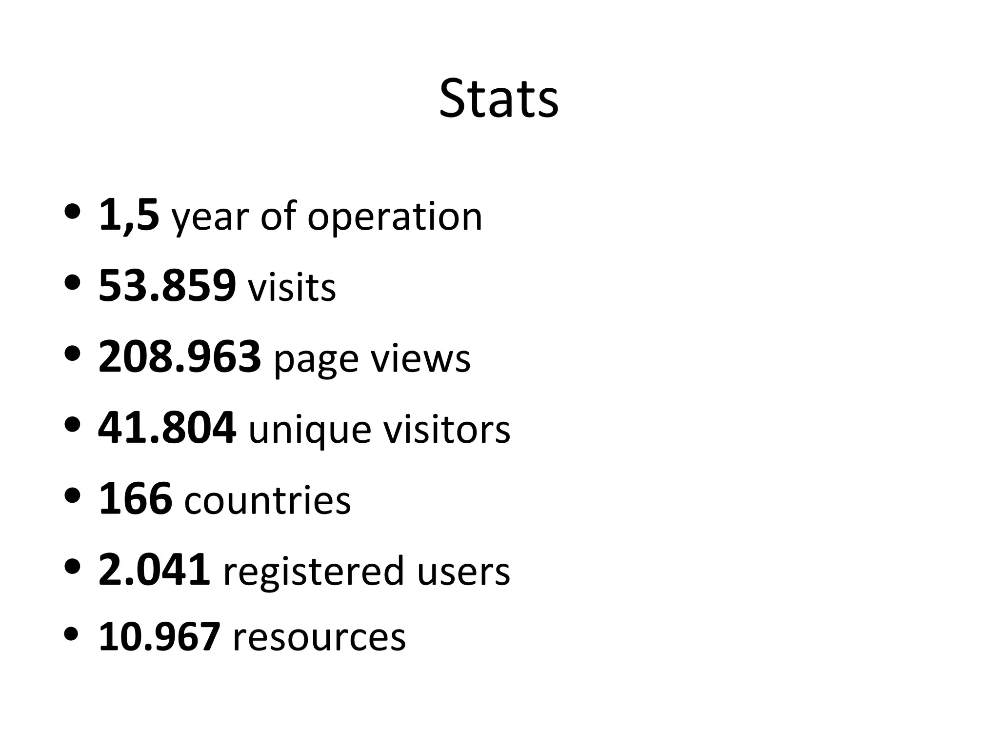 Stats
• 1,5 year of operation
• 53.859 visits
• 208.963 page views
• 41.804 unique visitors
• 166 countries
• 2.041 registered users
• 10.967 resources
 