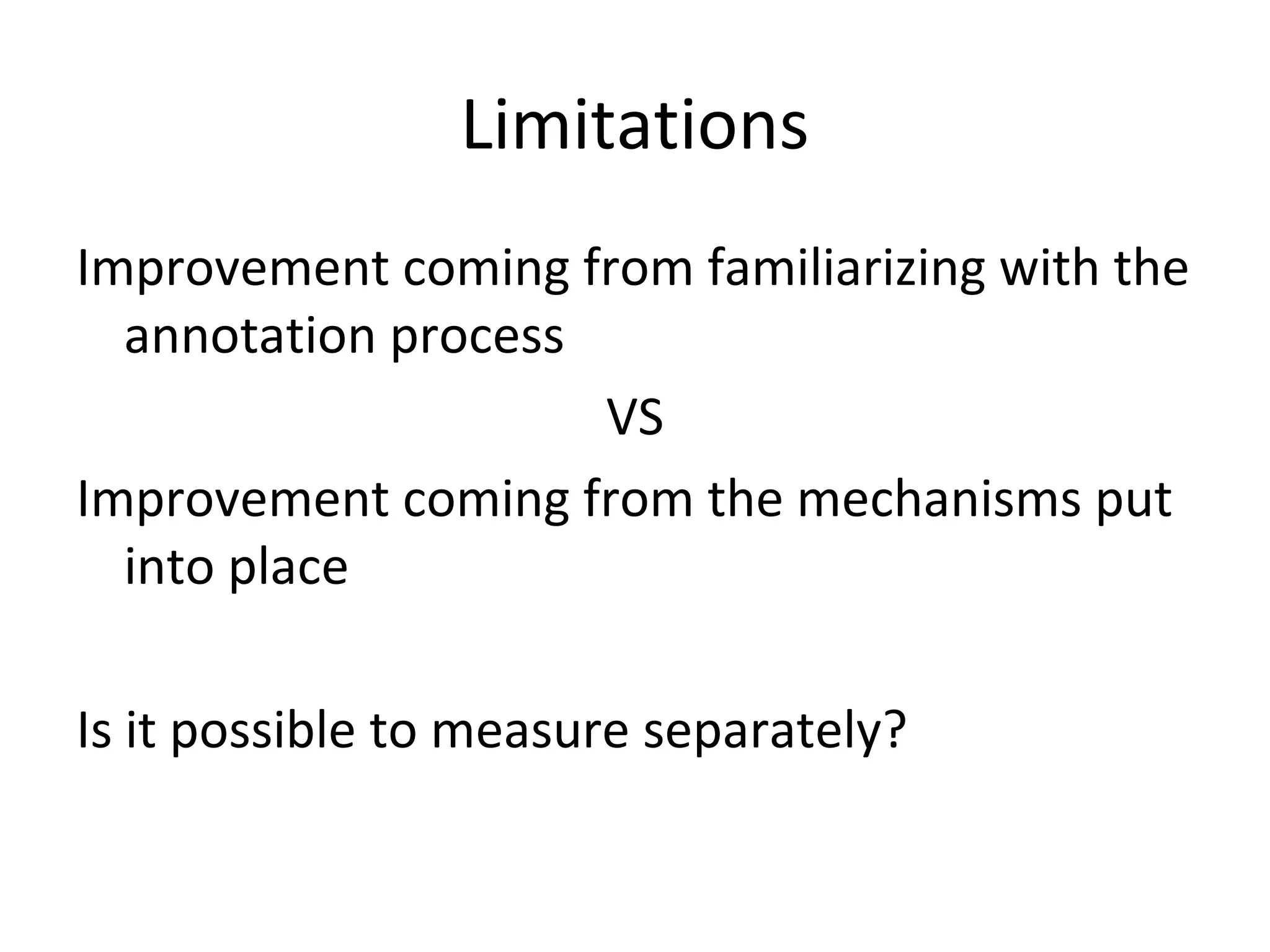 Limitations
Improvement coming from familiarizing with the
annotation process
VS
Improvement coming from the mechanisms put
into place
Is it possible to measure separately?
 