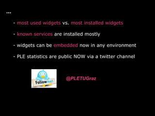 Analysis of widget usage
- @PLETUGraz twitter channel used as data set
- 4000 users over two years
- Data include:
- Users...