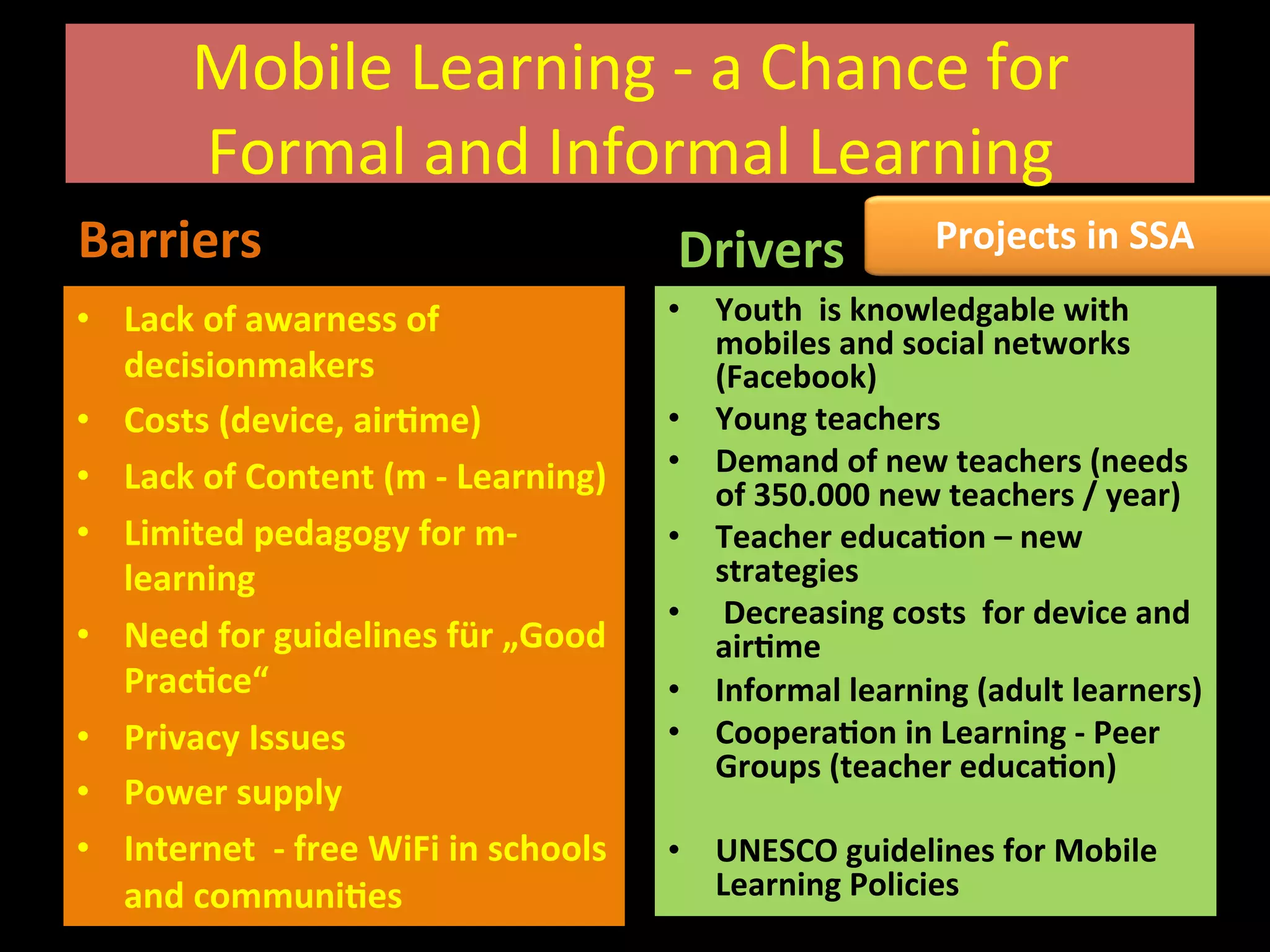 Mobile	
  Learning	
  -­‐	
  a	
  Chance	
  for	
  	
  
Formal	
  and	
  Informal	
  Learning	
  
Barriers	
  
•  Lack	
  of	
  awarness	
  of	
  
decisionmakers	
  
•  Costs	
  (device,	
  airRme)	
  
•  Lack	
  of	
  Content	
  (m	
  -­‐	
  Learning)	
  
•  Limited	
  pedagogy	
  for	
  m-­‐
learning	
  
•  Need	
  for	
  guidelines	
  für	
  „Good	
  
PracRce“	
  
•  Privacy	
  Issues	
  
•  Power	
  supply	
  
•  Internet	
  	
  -­‐	
  free	
  WiFi	
  in	
  schools	
  
and	
  communiRes	
  
Drivers	
  
•  Youth	
  	
  is	
  knowledgable	
  with	
  
mobiles	
  and	
  social	
  networks	
  
(Facebook)	
  
•  Young	
  teachers	
  
•  Demand	
  of	
  new	
  teachers	
  (needs	
  
of	
  350.000	
  new	
  teachers	
  /	
  year)	
  
•  Teacher	
  educaRon	
  –	
  new	
  
strategies	
  
•  	
  Decreasing	
  costs	
  	
  for	
  device	
  and	
  
airRme	
  
•  Informal	
  learning	
  (adult	
  learners)	
  
•  CooperaRon	
  in	
  Learning	
  -­‐	
  Peer	
  
Groups	
  (teacher	
  educaRon)	
  
•  UNESCO	
  guidelines	
  for	
  Mobile	
  
Learning	
  Policies	
  
Projects	
  in	
  SSA	
  
	
  
 
