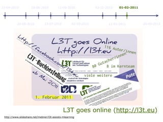 26-05-2011
11-04-2010
29-05-2010
18-06-2010
23-07-2010
11-09-2010
02-10-2010
03-12-2010
11-01-2011
01-02-2011
L3T goes online (http://l3t.eu)
http://www.slideshare.net/mebner/l3t-assists-mlearning
 