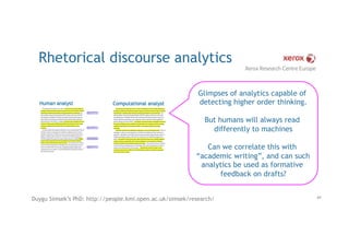 Rhetorical discourse analytics
69
Duygu Simsek’s PhD: http://people.kmi.open.ac.uk/simsek/research/
Glimpses of analytics ...