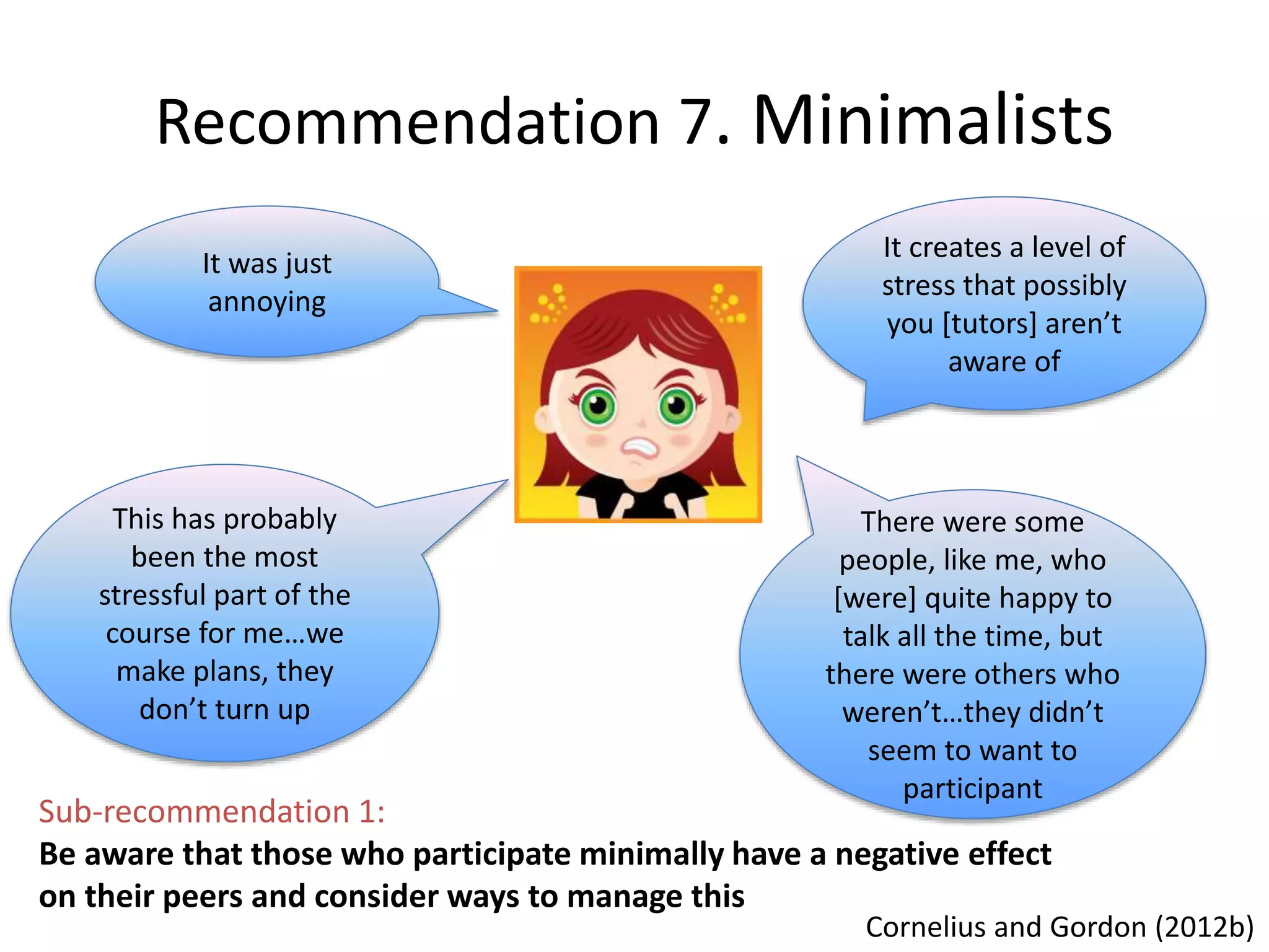 Recommendation 7. Minimalists
It was just
annoying
This has probably
been the most
stressful part of the
course for me…we
make plans, they
don’t turn up
It creates a level of
stress that possibly
you [tutors] aren’t
aware of
There were some
people, like me, who
[were] quite happy to
talk all the time, but
there were others who
weren’t…they didn’t
seem to want to
participant
Sub-recommendation 1:
Be aware that those who participate minimally have a negative effect
on their peers and consider ways to manage this
Cornelius and Gordon (2012b)
 