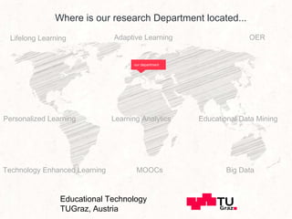 Where is our research Department located...
our department
Educational Technology
TUGraz, Austria
OER
MOOCs
Learning AnalyticsPersonalized Learning
Big Data
Adaptive Learning
Educational Data Mining
Technology Enhanced Learning
Lifelong Learning
 
