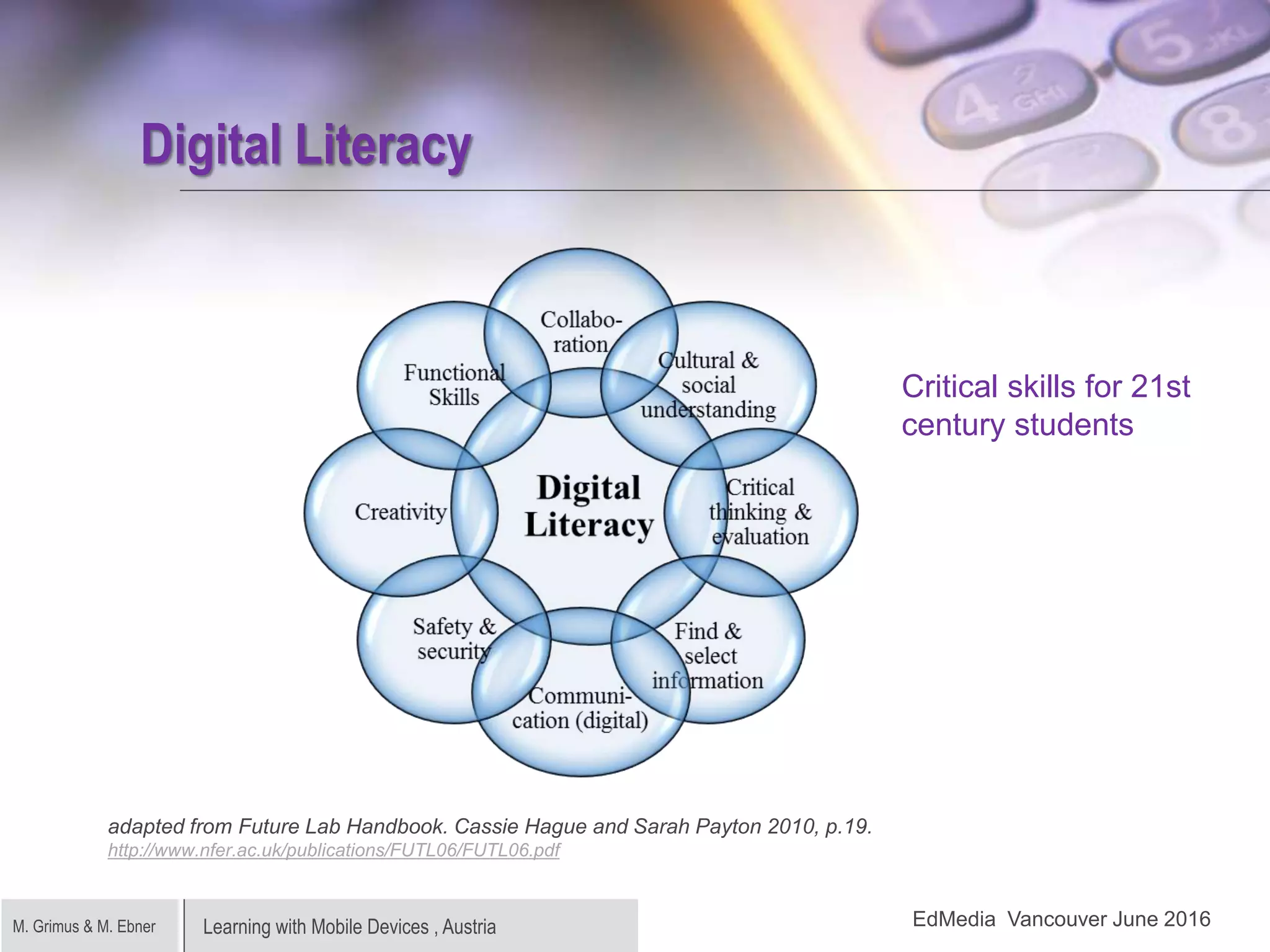 Learning with Mobile Devices , AustriaM. Grimus & M. Ebner EdMedia Vancouver, 2016 , June 28-30
Digital Literacy
adapted from Future Lab Handbook. Cassie Hague and Sarah Payton 2010, p.19.
http://www.nfer.ac.uk/publications/FUTL06/FUTL06.pdf
Critical skills for 21st
century students
EdMedia Vancouver June 2016
 