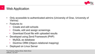 Web Application
• Only accessible to authenticated admins (University of Graz, University of
Vienna)
• Features to:
• Crea...
