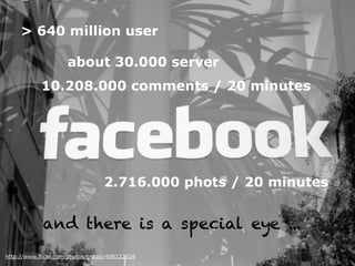 > 640 million user

                    about 30.000 server
            10.208.000 comments / 20 minutes




                                 2.716.000 phots / 20 minutes


            and there is a special eye ...
http://www.flickr.com/photos/pshab/498122926
 