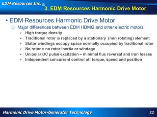 EDM Resources Inc.                    ©
                                      2009


                                         3. EDM Resources Harmonic Drive Motor

 • EDM Resources Harmonic Drive Motor
       Major differences between EDM HDMG and other electric motors
               High torque density
               Traditional rotor is replaced by a stationary (non rotating) element
               Stator windings occupy space normally occupied by traditional rotor
               No rotor = no rotor inertia or windage
               Unipolar DC pulse excitation – minimal flux reversal and iron losses
               Independent concurrent control of: torque, speed and position




        WARP, high torque, High Efficiency High Torque Motor, Navy, electrification, aircraft flap actuator, replace hydraulics, wheel motor, nose motor,
        harmonic drive motor, harmonic motor, davison, patent




Harmonic Drive Motor-Generator Technology                                                                                                                   11
 