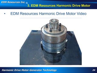 EDM Resources Inc.                   ©
                                     2009


                                        3. EDM Resources Harmonic Drive Motor

  •   EDM Resources Harmonic Drive Motor Video




       WARP, high torque, High Efficiency High Torque Motor, Navy, electrification, aircraft flap actuator, replace hydraulics, wheel motor, nose motor,
       harmonic drive motor, harmonic motor, davison, patent




Harmonic Drive Motor-Generator Technology                                                                                                                  24
 