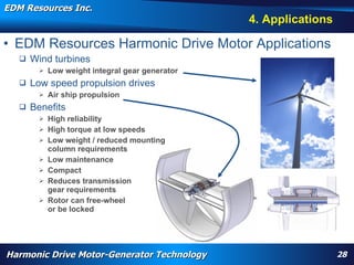 EDM Resources Inc.
                                                                                                                                4. Applications

• EDM Resources Harmonic Drive Motor Applications
      Wind turbines
           Low weight integral gear generator
      Low speed propulsion drives
           Air ship propulsion
      Benefits
           High reliability
           High torque at low speeds
           Low weight / reduced mounting
            column requirements
           Low maintenance
           Compact
           Reduces transmission
            gear requirements
           Rotor can free-wheel
            or be locked

         WARP, high torque, High Efficiency High Torque Motor, Navy, electrification, aircraft flap actuator, replace hydraulics, wheel motor, nose motor,
         harmonic drive motor, harmonic motor, davison, patent




Harmonic Drive Motor-Generator Technology                                                                                                                    28
 