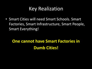 Key Realization
• Smart Cities will need Smart Schools. Smart
Factories, Smart Infrastructure, Smart People,
Smart Everything!
One cannot have Smart Factories in
Dumb Cities!
 