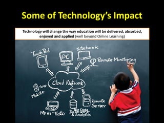 Some of Technology’s Impact
Big Data
& Analytics
Technology will change the way education will be delivered, absorbed,
enjoyed and applied (well beyond Online Learning)
 