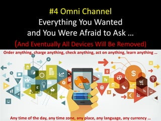 #4 Omni Channel
Everything You Wanted
and You Were Afraid to Ask …
(And Eventually All Devices Will Be Removed)
Order anything, charge anything, check anything, act on anything, learn anything …
Any time of the day, any time zone, any place, any language, any currency …
 