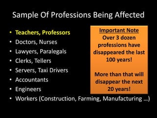 Sample Of Professions Being Affected
• Teachers, Professors
• Doctors, Nurses
• Lawyers, Paralegals
• Clerks, Tellers
• Servers, Taxi Drivers
• Accountants
• Engineers
• Workers (Construction, Farming, Manufacturing …)
Important Note
Over 3 dozen
professions have
disappeared the last
100 years!
More than that will
disappear the next
20 years!
 