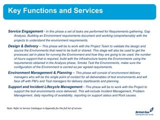 Key Functions and Services

 Service Engagement - In this phase a set of tasks are performed for Requirements gathering, Gap
      Analysis, Building an Environment requirements document and working comprehensibly with the
      projects to understand the environment requirements.
 Design & Delivery – This phase will be to work with the Project Team to validate the design and
      source the Environments that need to be built or shared. This stage will also be used to get the
      processes set in place for running the Environment and how they are going to be used, the number
      of hours support that is required, build with the Infrastructure teams the Environments using the
      requirements obtained in the Analysis phase, Smoke Test the Environments, make sure the
      configuration of the Environment is carried as per agreed requirements.
 Environment Management & Planning – This phase will consist of environment delivery
      managers who will be the single point of contact for all deliverables of test environments and will
      face off with PM’s and Test managers for delivery dashboards and planning.
 Support and Incident Lifecycle Management - This phase will be to work with the Project to
      support the test environments once delivered. This will include Incident Management, Problem
      Management, daily reporting of availability, reporting on support status and Root causes.



Note: Refer to Service Catalogue in Appendix for the full list of service
 