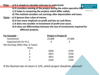 Pros: - a) It is simple to calculate and easy to understand.
b) It considers earning of the project during the entire operative life.
c) It helps in comparing the projects which differ widely.
d) This method considers net earnings after depreciation and taxes.
Cons: - a) It ignores time value of money.
b) It lays more emphasis on profit and less on cash flows.
c) It does not consider re-investment of profit over years.
d) It does not differentiate between the size of investments required for
different projects.
For Example: - Project A Project B
Investment 25,000 37,000
Expected Life (In Yrs.) 4 5
Net Earnings (After Dep. & Taxes)
Years
1 2500 3750
2 1875 3750
3 1875 2500
4 1250 1250
If the Desired rate of return is 12%, which project should be selected?
 