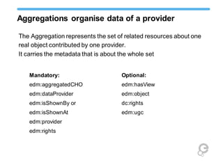 Aggregations organise data of a provider
The Aggregation represents the set of related resources about one
real object contributed by one provider.
It carries the metadata that is about the whole set
Mandatory:
edm:aggregatedCHO
edm:dataProvider
edm:isShownBy or
edm:isShownAt
edm:provider
edm:rights
Optional:
edm:hasView
edm:object
dc:rights
edm:ugc
 