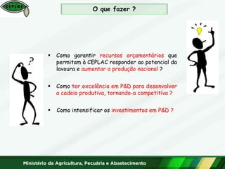 O que fazer ?
 Como garantir recursos orçamentários que
permitam à CEPLAC responder ao potencial da
lavoura e aumentar a produção nacional ?
 Como ter excelência em P&D para desenvolver
a cadeia produtiva, tornando-a competitiva ?
 Como intensificar os investimentos em P&D ?
 