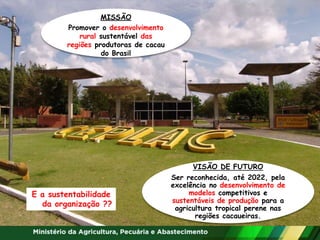 MISSÃO
Promover o desenvolvimento
rural sustentável das
regiões produtoras de cacau
do Brasil
VISÃO DE FUTURO
Ser reconhecida, até 2022, pela
excelência no desenvolvimento de
modelos competitivos e
sustentáveis de produção para a
agricultura tropical perene nas
regiões cacaueiras.
E a sustentabilidade
da organização ??
 